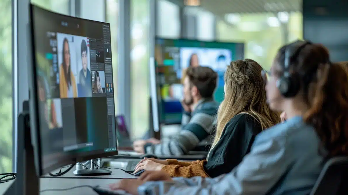 Employees attending a webinar on Windows updates.