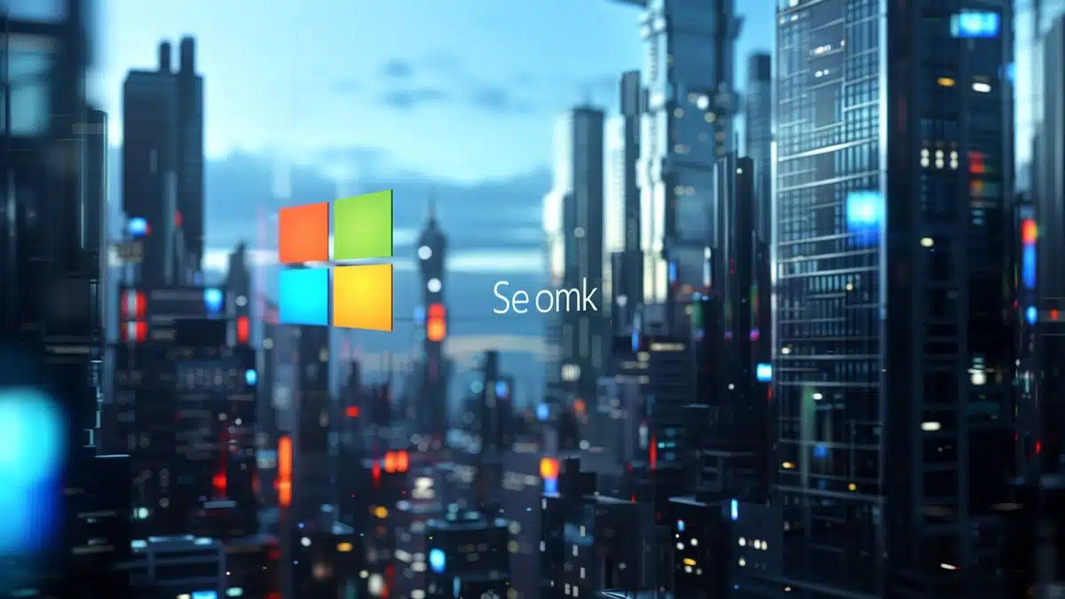 Microsoft logo with a futuristic cityscape background indicating technological advancements.