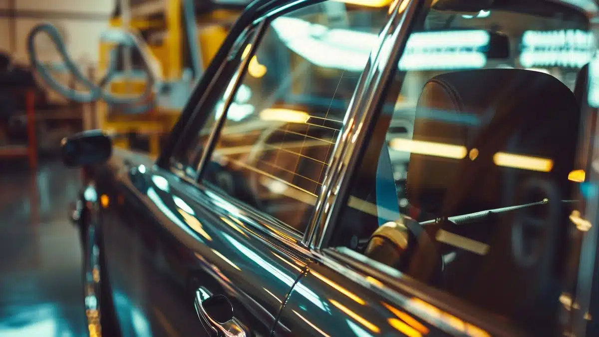 Closeup of car windows being measured for light transmission compliance.