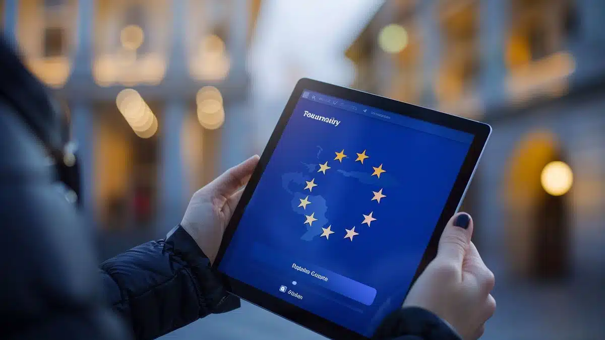 Person holding a tablet displaying the European Commission’s website.