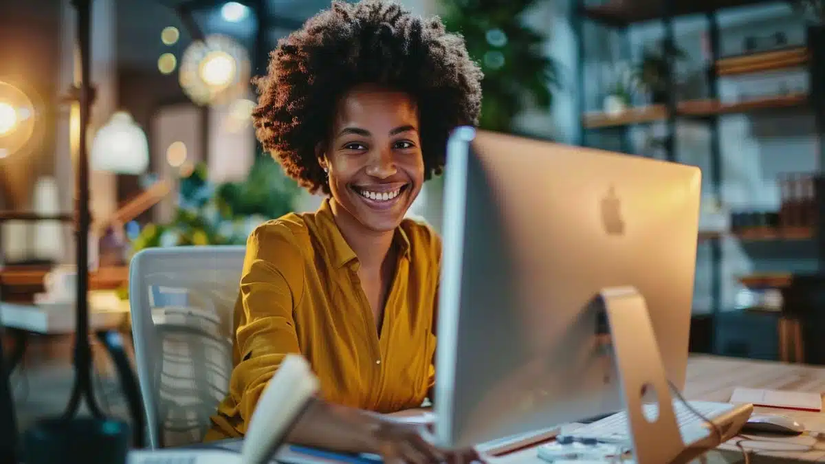 Person smiling while efficiently managing documents on their computer.