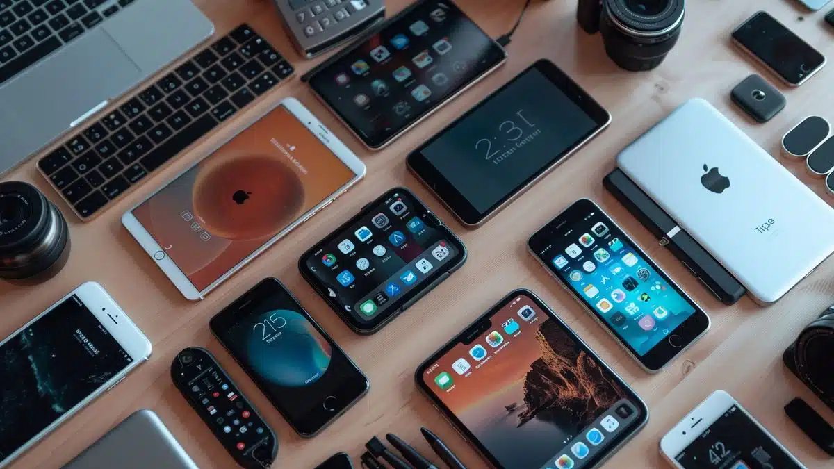 Top view of various Apple devices displaying exclusive, polished apps.