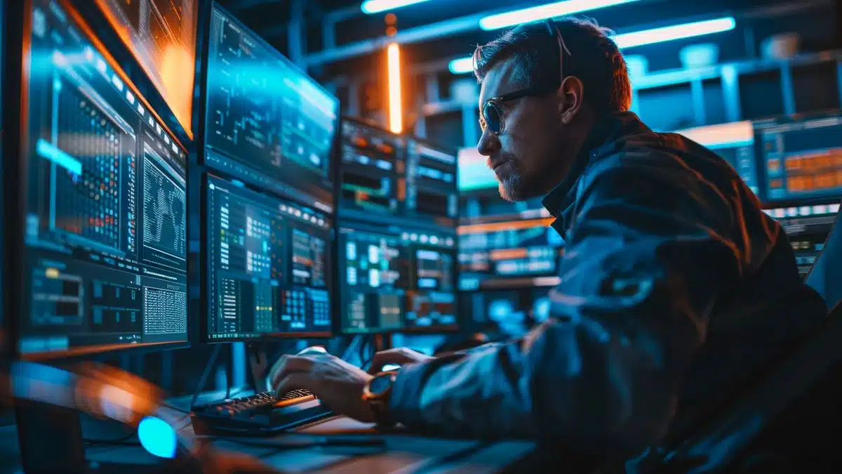 Technician analyzing system logs on a Windows virtual environment.