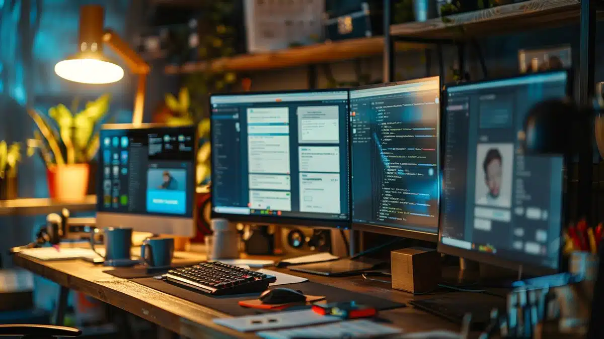 Closeup of a desk with multiple screens displaying emails, documents, and social media.