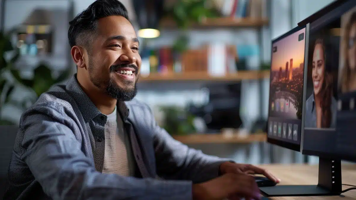 Smiling Apple support agent assisting a customer via video chat.