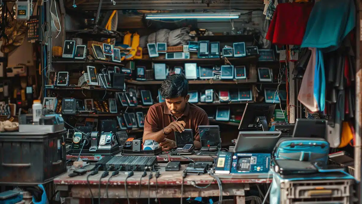 Mobile market in Mumbai showcasing new tech gadgets.