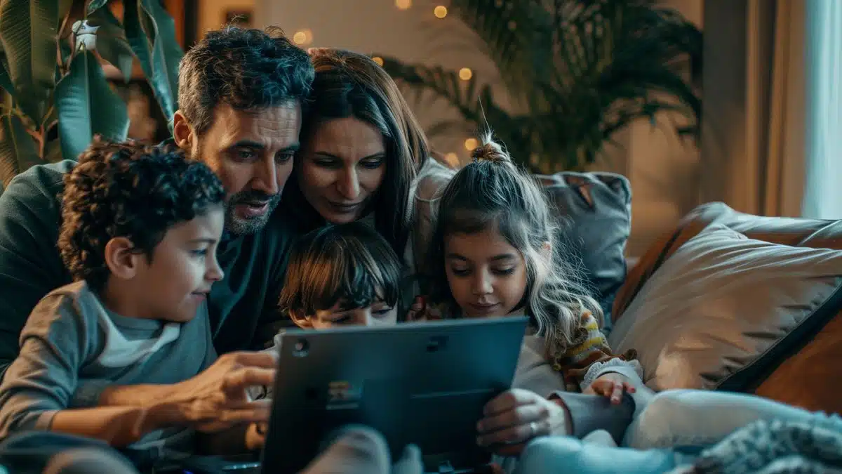 Family gathered around a laptop, considering upgrading to Windows