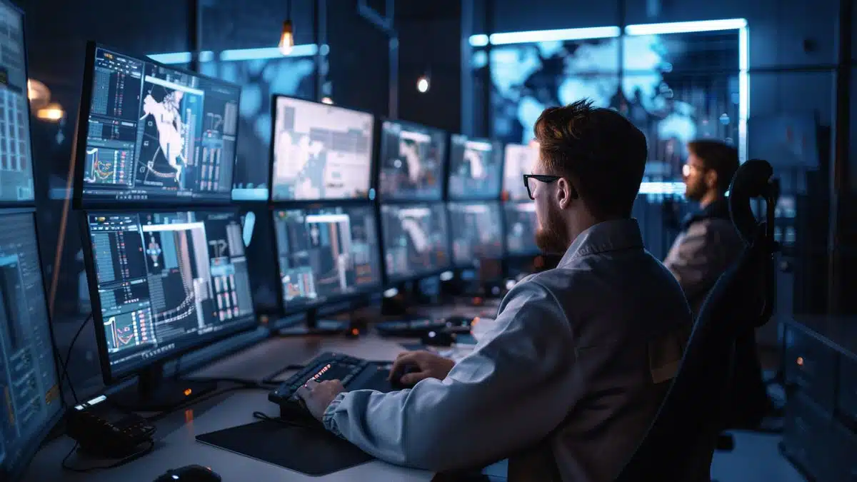 Technicians reviewing log files on multiple monitors in a control room.