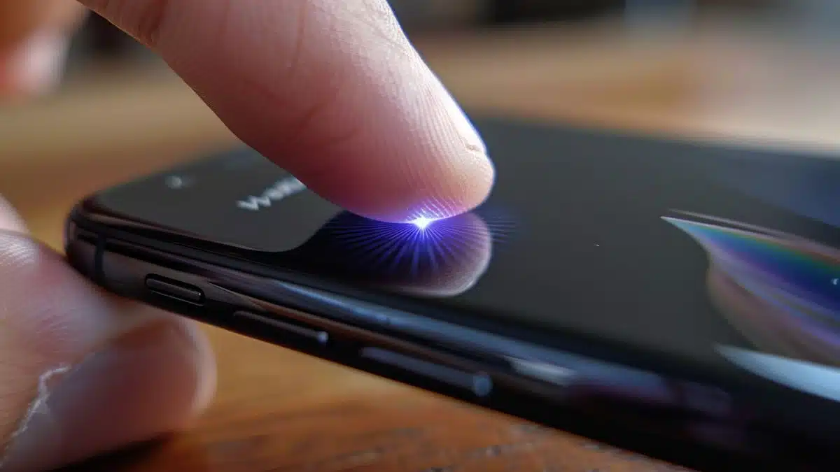 Finger pressing Touch ID sensor on an iPhone.