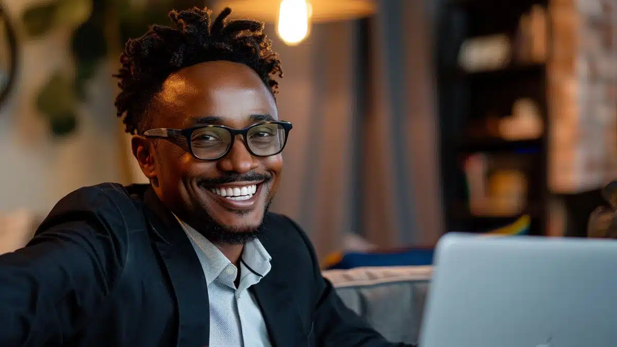 Businessman smiling while using affordable essential software on laptop.