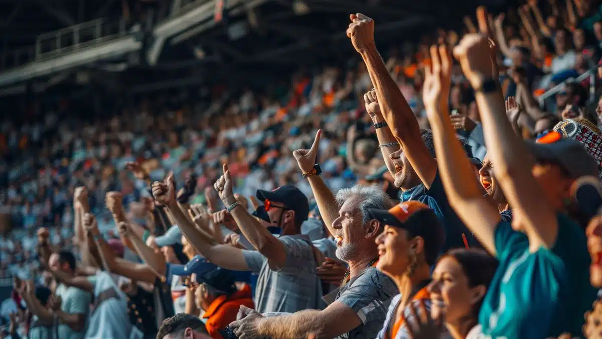 Fans cheering during a Test match at an Australian stadium.