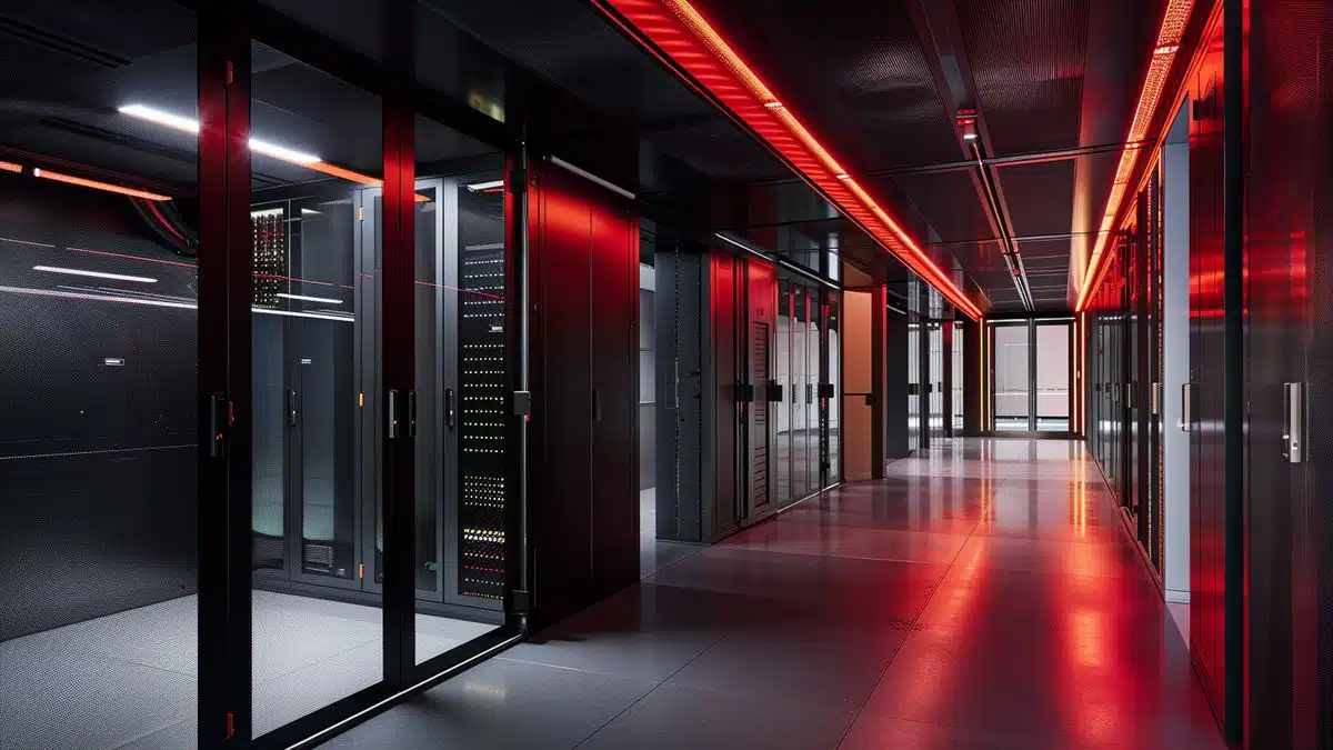 Modern data center with servers showcasing advanced AI and network security solutions.