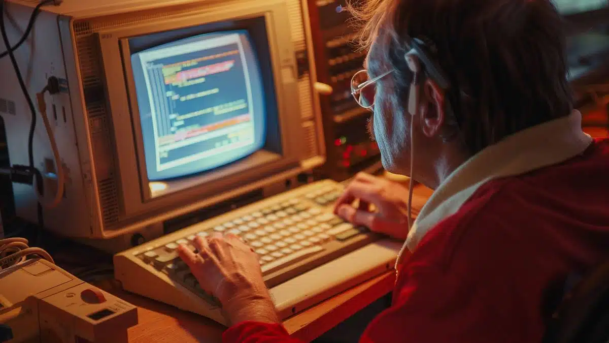 Closeup of Dave Plummer coding on an early Microsoft computer.