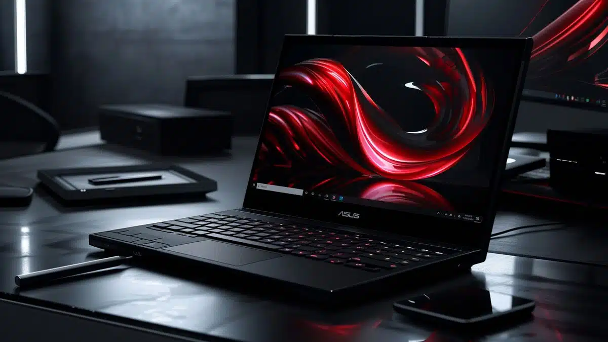 ASUS ProArt PZ z klawiaturą i rysikiem, podkreślający jego elegancki wygląd i żywy wyświetlacz OLED.