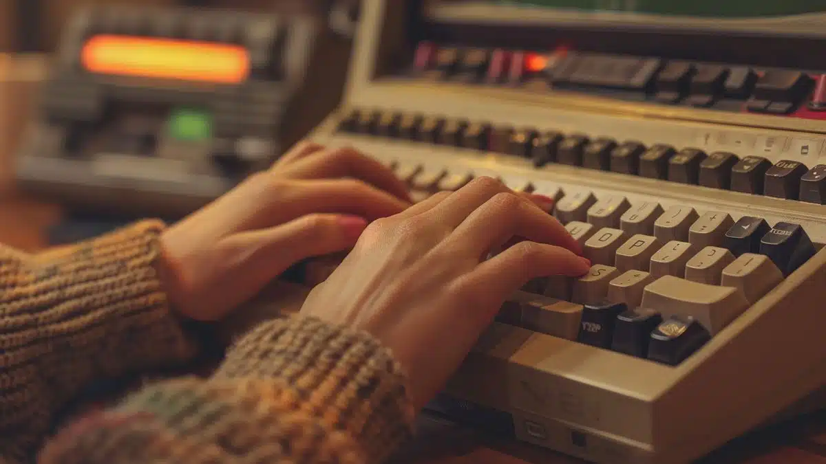 Hands typing on an early IBM PC keyboard.