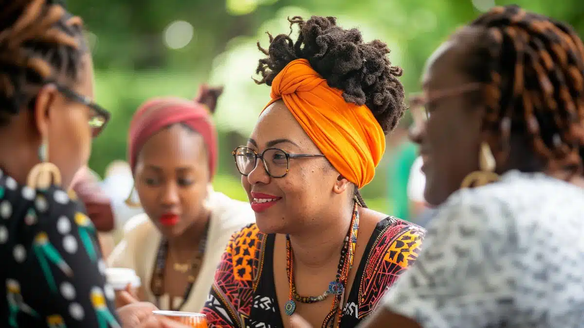 Diverse team members sharing stories and experiences during Juneteenth event.