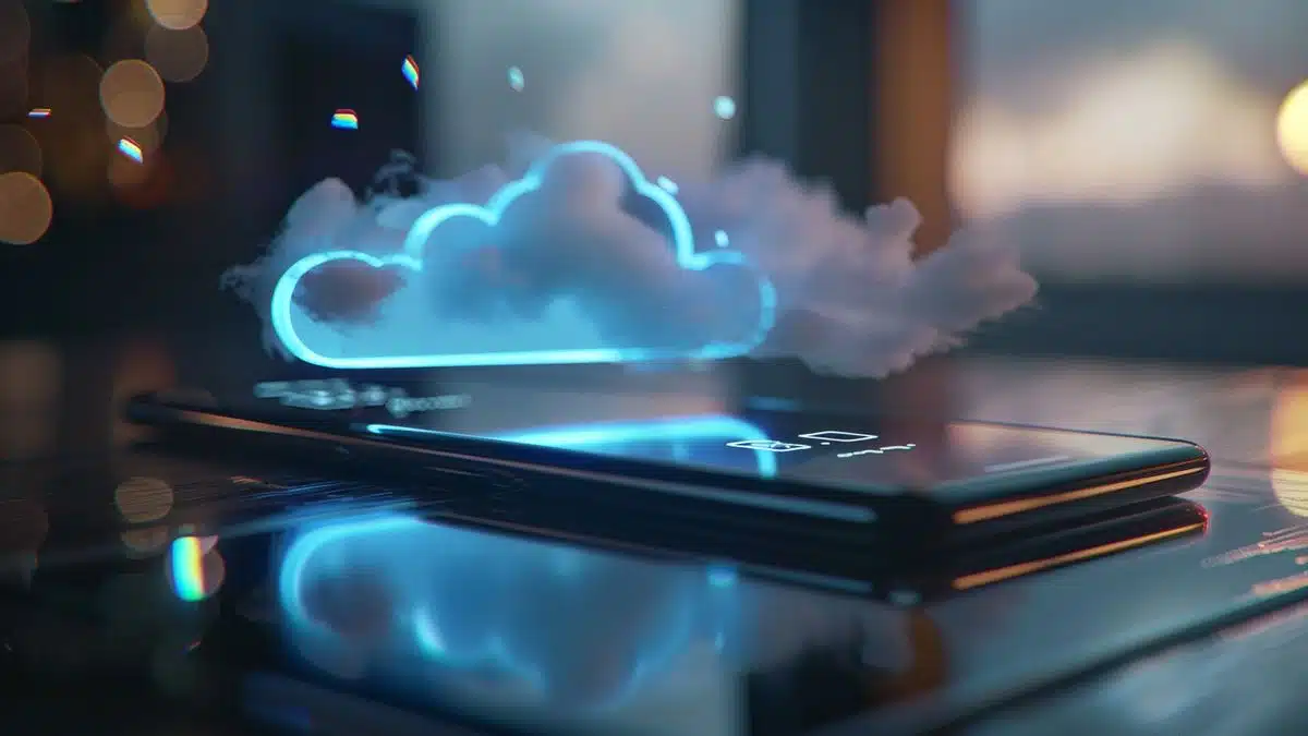 Cloud-Speichersymbole auf einem Smartphone zeigen die Datensynchronisierung an.