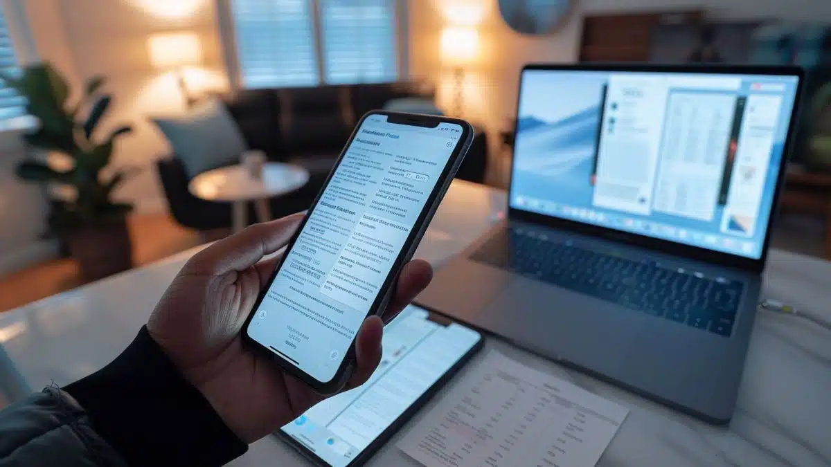 Hand holding an iPhone, MacBook, and iPad showing the same document seamlessly.