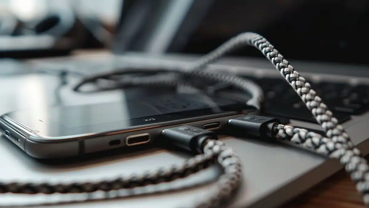 Cables connecting a smartphone to a laptop for photo transfer.