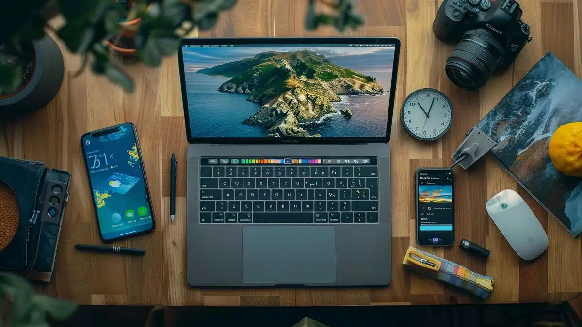 Top view of a laptop displaying the updated Weather app with ads.