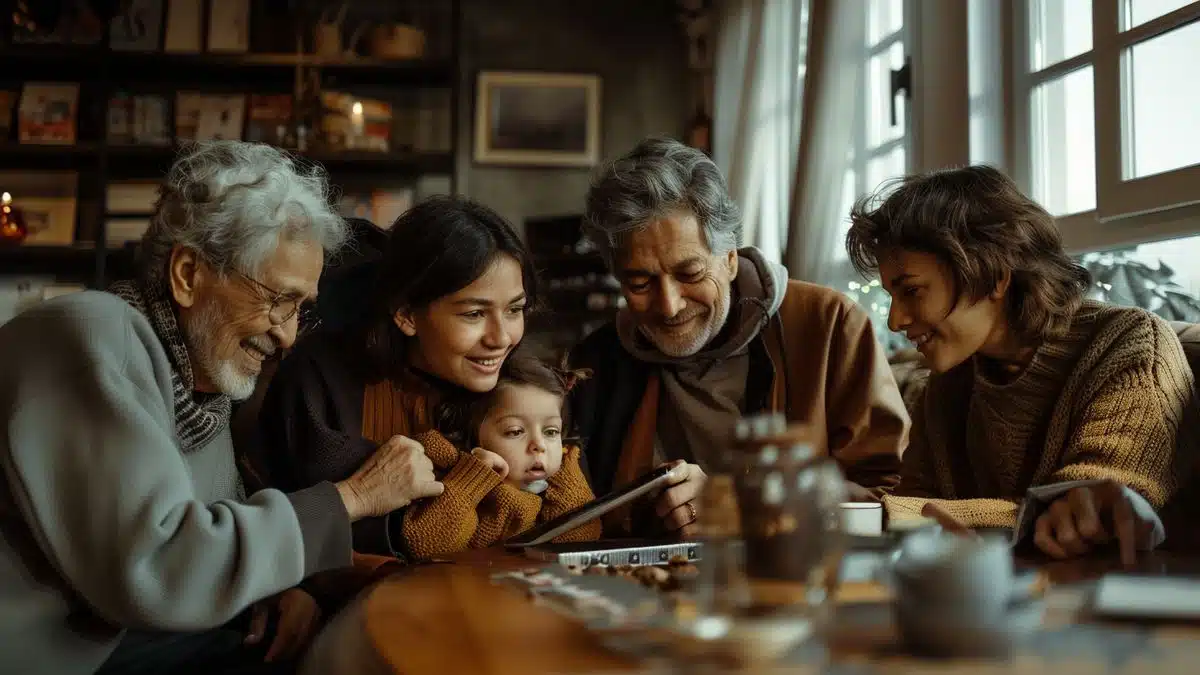 Family gathered around, discussing the benefits of using Password Managers.