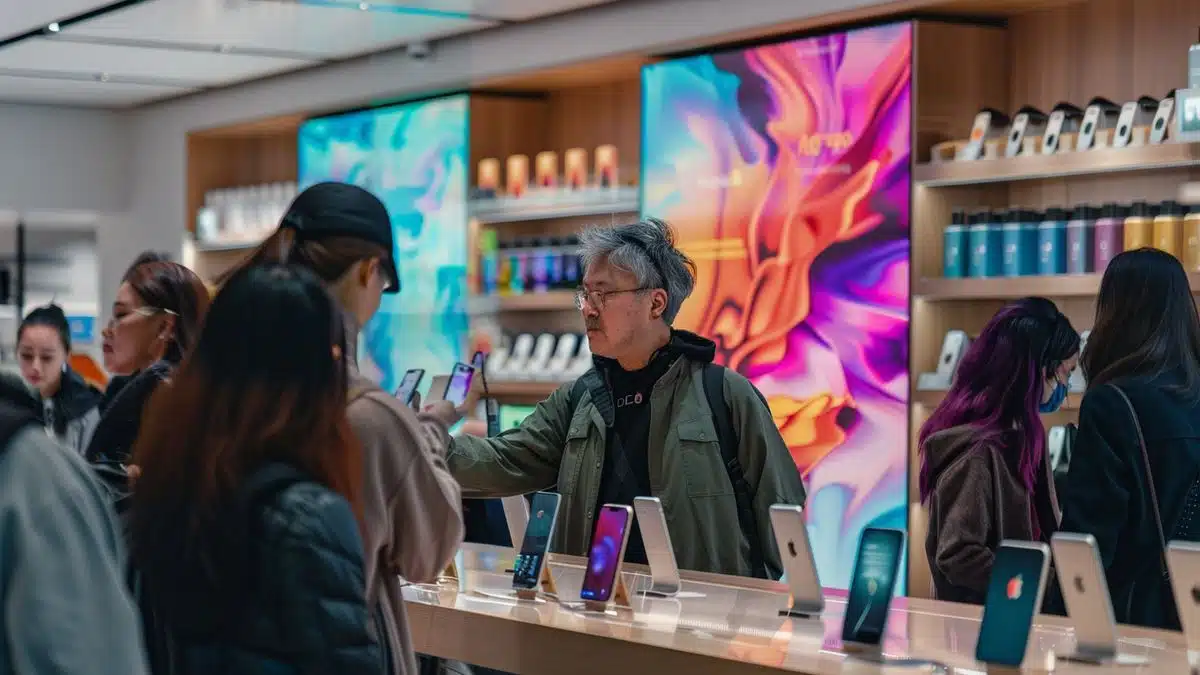 Customer receiving help at an Apple Store Genius Bar.