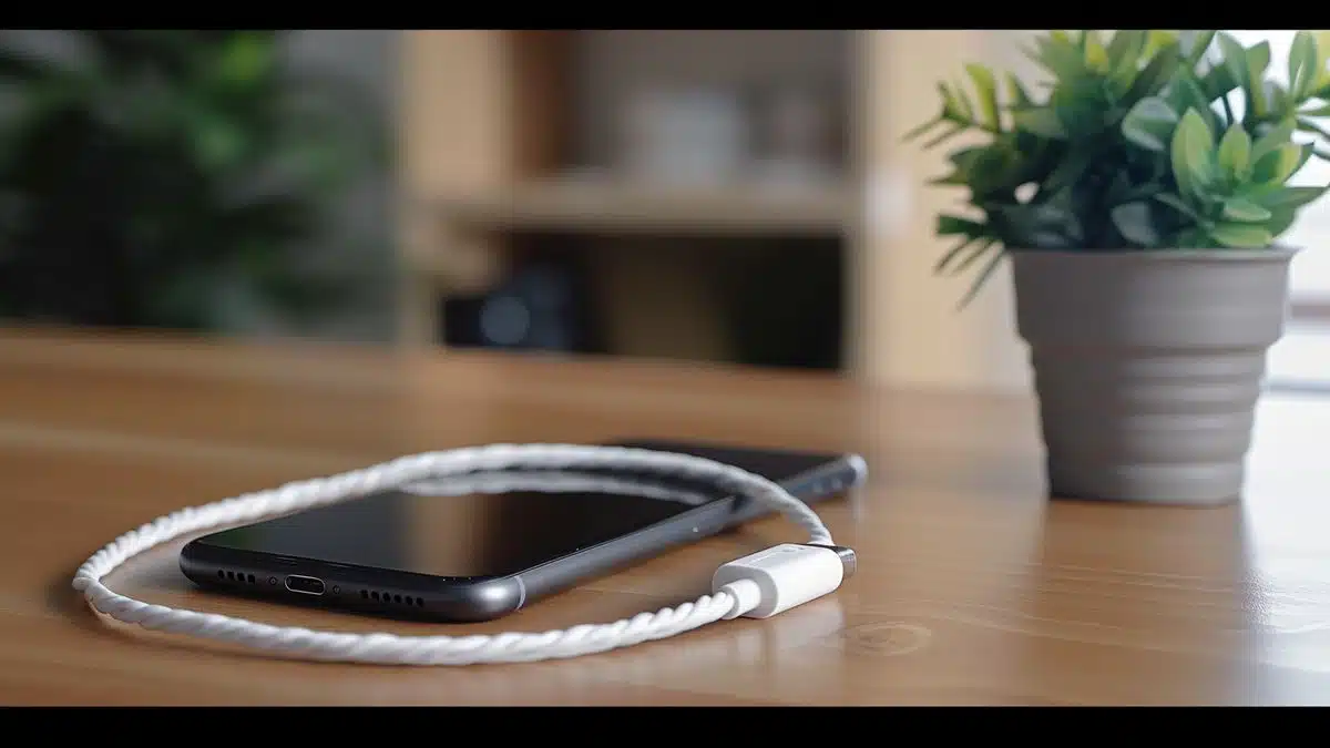 USBA to Lightning cable neatly coiled next to an iPhone.