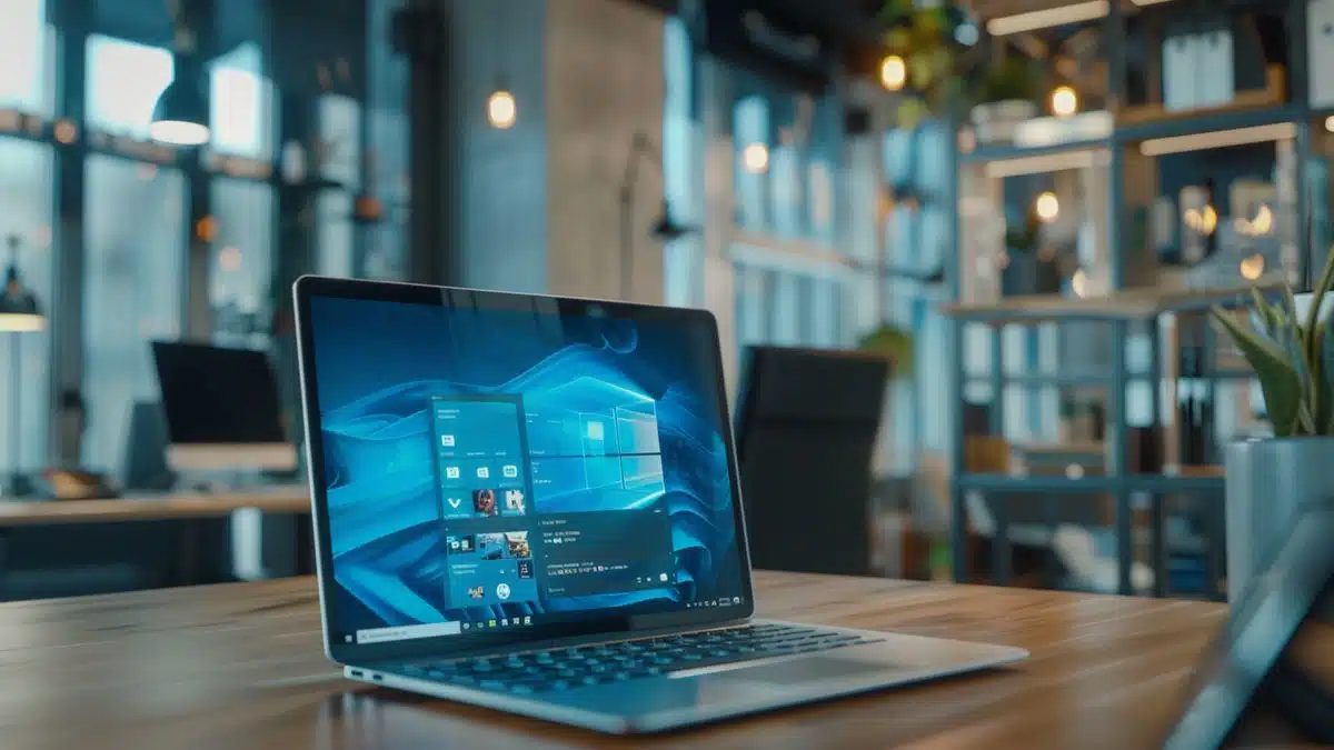 User feedback on Windows changes displayed on a laptop in a modern workspace.