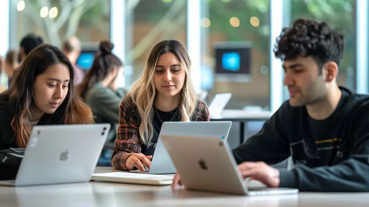 Grupa przyjaciół korzystających z laptopów z Notatnikiem Windows.