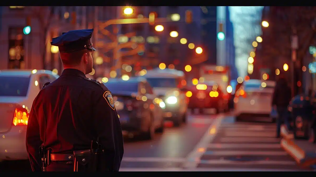 Officer monitoring traffic from the side of the road in Philadelphia.