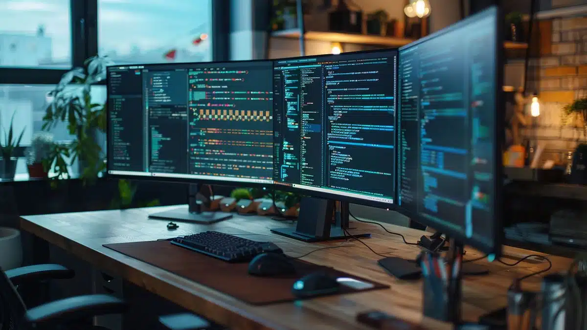 Closeup of a developer's desk with multiple screens showing code and Microsoft updates.