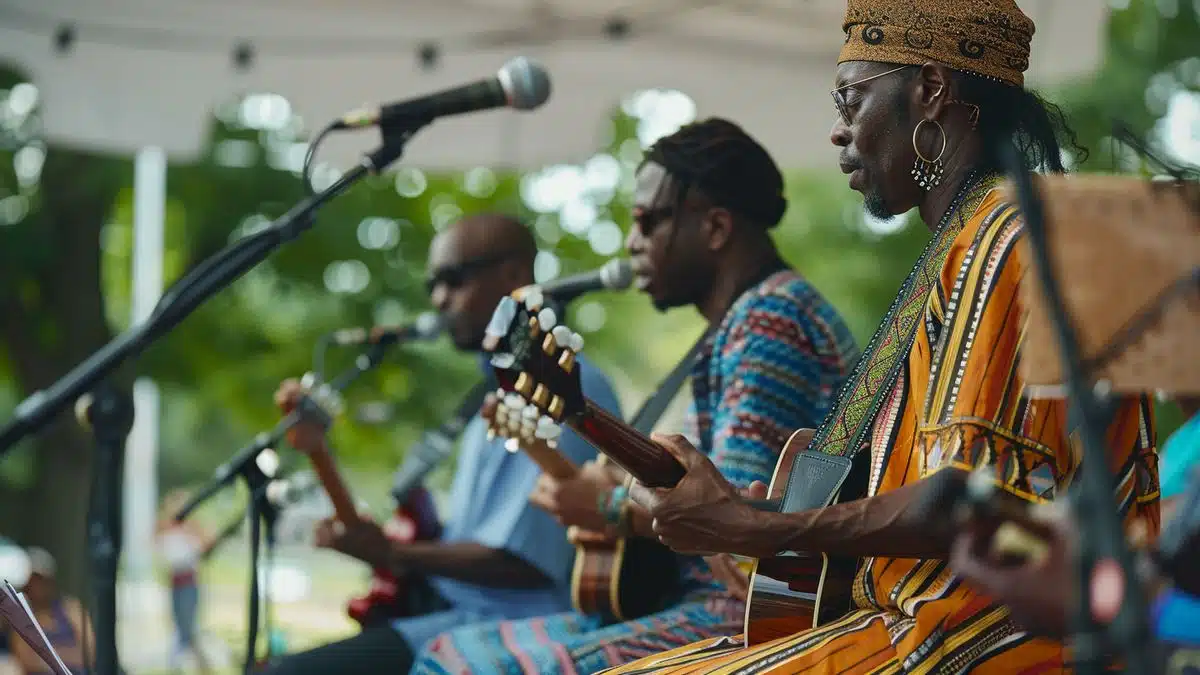 Musicians playing traditional AfricanAmerican songs on a stage at a Juneteenth festival.