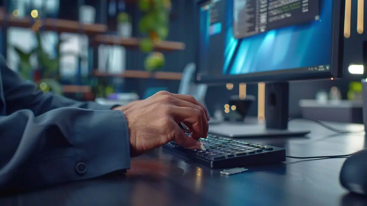 Hands placing a security key into an office desktop computer.