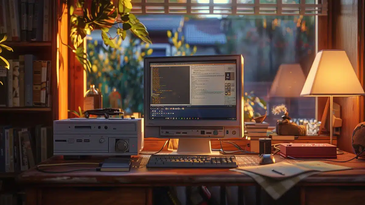 Retro computer setup with ReactOS booting on screen, showing classic Windows interface.