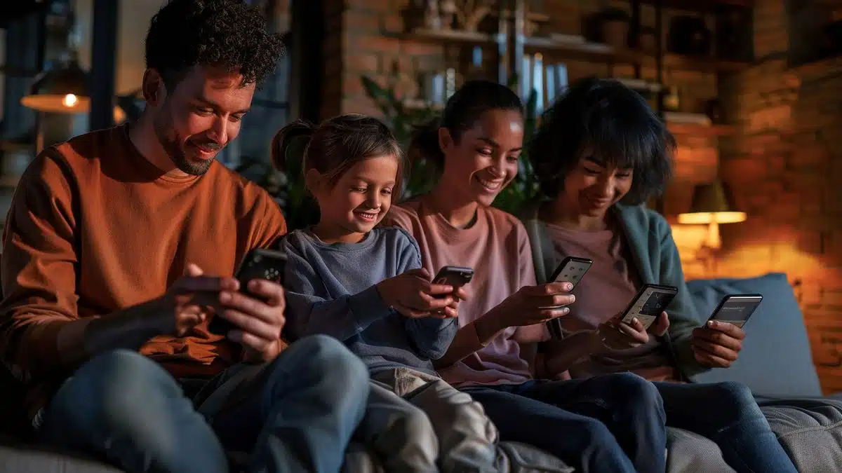 Family members each holding devices with Password Manager apps displayed.