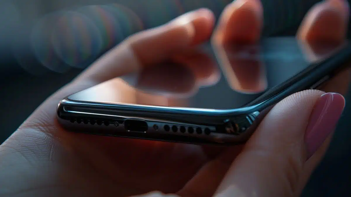 Closeup of hand holding an iPhone, side button pressed.