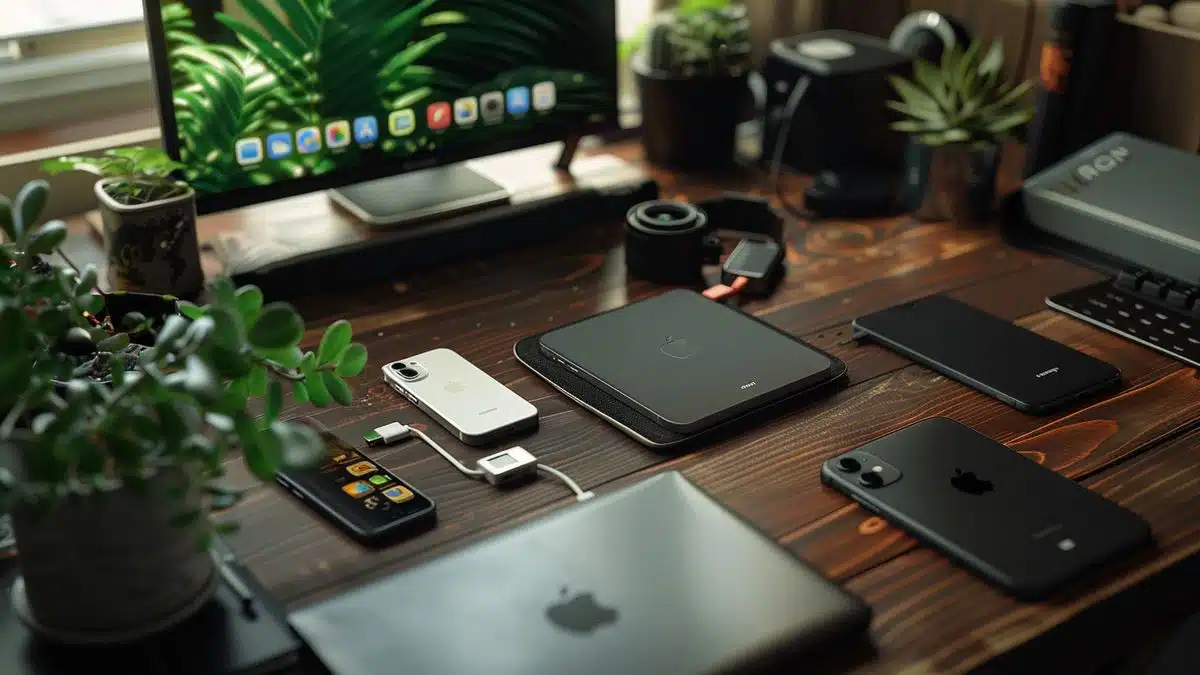 Clean workspace featuring iPhone, USBA to Lightning cable, and essential accessories.