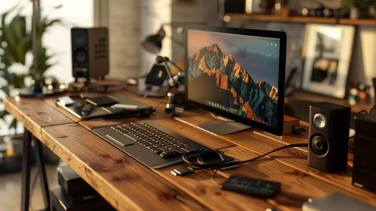 Table setup with USB drive and Windows computer, ready for the process.