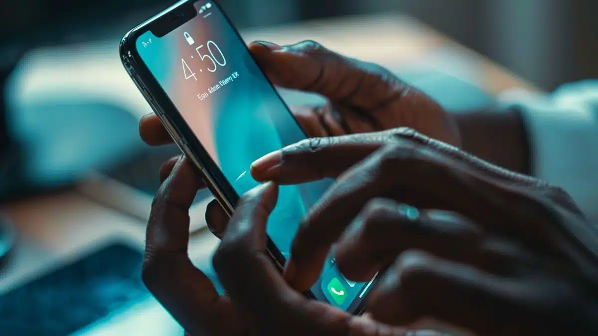 Closeup of hands typing a new name on an iPhone in settings.