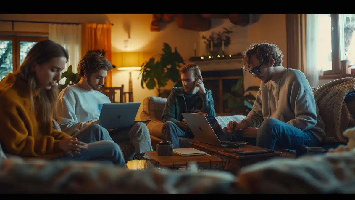 People discussing data privacy on laptops in a cozy room.